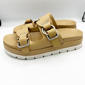 J Slides Baha Leather Chunky Platform Big Buckle Slide Tan Sandals Size 9
